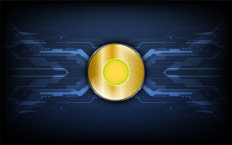 Digitale goldene Münze auf Datenübertragungs-Hintergrund