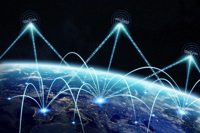Darstellung der Kommunikationsnetzwerke zwischen der Sateliten und den Basisstationen auf der Erde