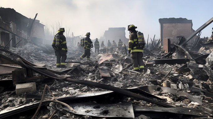 Feuerwehrleute löschen einen Brand in einem ausgebrannten Haus. Der Rettungsdienst sucht nach Naturkatastrophen nach Menschen.