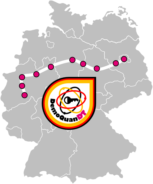 Grafik zeigt Deutschlandkarte mit Quantenkommunikationsstrecke zwischen Berlin und Bonn, auf der ein sicherer Quantenschlüsselaustausch über Glasfaserleitungen demonstriert werden soll.