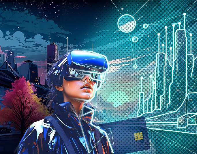 Frau mit VR-Brille vor der Silhouette einer Stadt