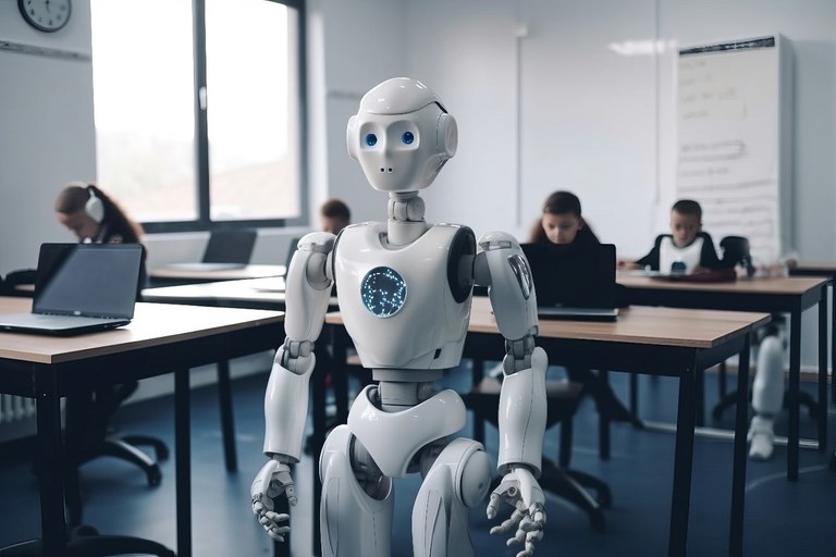Ein menschlicher Roboter steht in einem Klassenzimmer. Im Hintergrund sitzen Schülerinnen und Schüler 