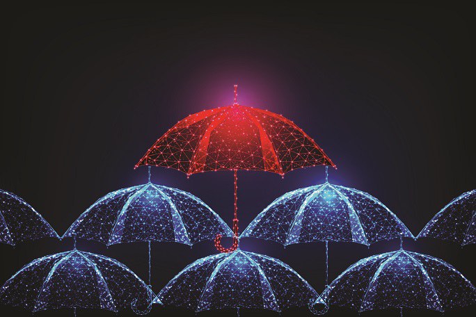 Grafische Darstellung von Regenschirmen mit Knotenpunkten.